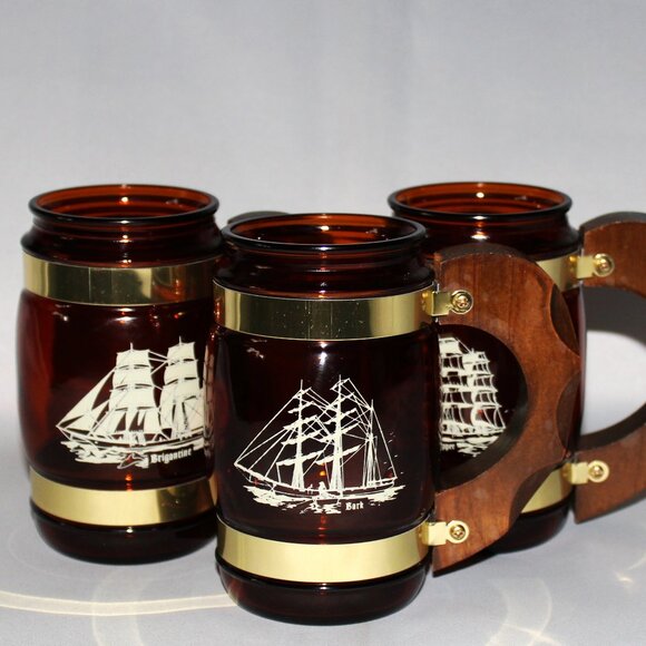 Vintage Siesta Ware Amber Brown Glass Mugs | Nautical Mugs | Ship Stein - Picture 1 of 8